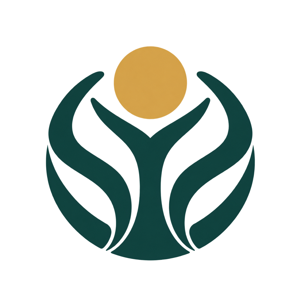 Proposed GrandAUS Common Ground emblem: open teal forms meet beneath a golden sun